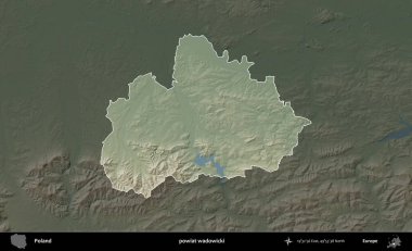 Wadowicki ilçesi. Polonya 'nın idari bölgesi koyu renkli bir yükseklik haritasına vurgulandı ve özetlendi