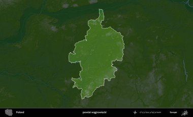 Wagrowiecki İlçesi. Polonya 'nın idari bölgesi koyu renkli bir yükseklik haritasına vurgulandı ve özetlendi