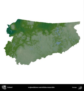 Warminsko-mazurskie Bölgesi. Polonya 'nın idari bölgesi renkli bir yükseklik haritasında beyaza izole edildi