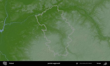 Wegrowski İlçesi. Polonya 'nın idari bölgesi renkli bir yükseklik haritasında özetlendi