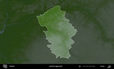 Wegrowski İlçesi. Polonya 'nın idari bölgesi koyu renkli bir yükseklik haritasına vurgulandı ve özetlendi