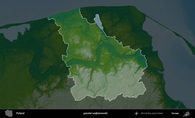 Wejherowski İlçesi. Polonya 'nın idari bölgesi koyu renkli bir yükseklik haritasına vurgulandı ve özetlendi