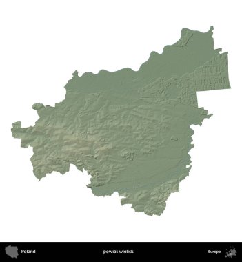 Wielicki İlçesi. Polonya 'nın idari bölgesi renkli bir yükseklik haritasında beyaza izole edildi
