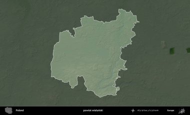 Wielunski İlçesi. Polonya 'nın idari bölgesi koyu renkli bir yükseklik haritasına vurgulandı ve özetlendi