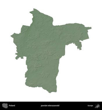 Wieruszowski İlçesi. Polonya 'nın idari bölgesi renkli bir yükseklik haritasında beyaza izole edildi
