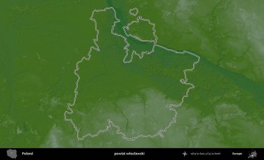 Wloclawski İlçesi. Polonya 'nın idari bölgesi renkli bir yükseklik haritasında özetlendi