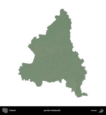 Wlodawski İlçesi. Polonya 'nın idari bölgesi renkli bir yükseklik haritasında beyaza izole edildi