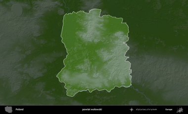 Wolowski İlçesi. Polonya 'nın idari bölgesi koyu renkli bir yükseklik haritasına vurgulandı ve özetlendi