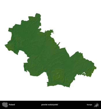 Wolsztynski İlçesi. Polonya 'nın idari bölgesi renkli bir yükseklik haritasında beyaza izole edildi