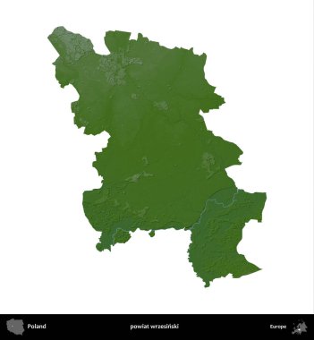 Wrzesinski İlçesi. Polonya 'nın idari bölgesi renkli bir yükseklik haritasında beyaza izole edildi