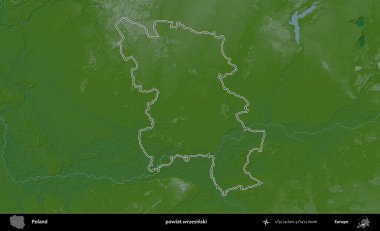 Wrzesinski İlçesi. Polonya 'nın idari bölgesi renkli bir yükseklik haritasında özetlendi