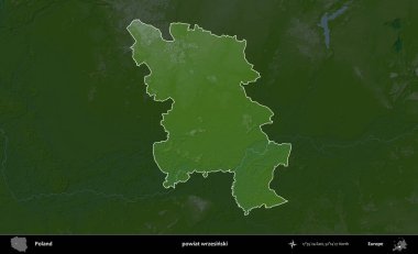 Wrzesinski İlçesi. Polonya 'nın idari bölgesi koyu renkli bir yükseklik haritasına vurgulandı ve özetlendi