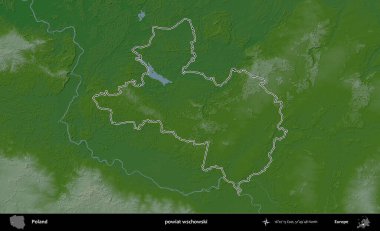 Wschowski İlçesi. Polonya 'nın idari bölgesi renkli bir yükseklik haritasında özetlendi