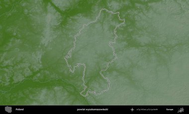 Wysokomazowiecki İlçesi. Polonya 'nın idari bölgesi renkli bir yükseklik haritasında özetlendi