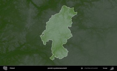 Wysokomazowiecki İlçesi. Polonya 'nın idari bölgesi koyu renkli bir yükseklik haritasına vurgulandı ve özetlendi