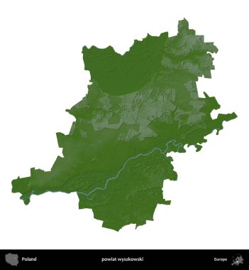 Wyszkowski İlçesi. Polonya 'nın idari bölgesi renkli bir yükseklik haritasında beyaza izole edildi