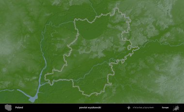 Wyszkowski İlçesi. Polonya 'nın idari bölgesi renkli bir yükseklik haritasında özetlendi