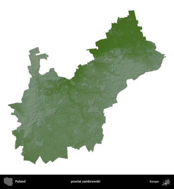 Zambrowski İlçesi. Polonya 'nın idari bölgesi renkli bir yükseklik haritasında beyaza izole edildi