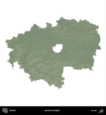 Zamojski İlçesi. Polonya 'nın idari bölgesi renkli bir yükseklik haritasında beyaza izole edildi