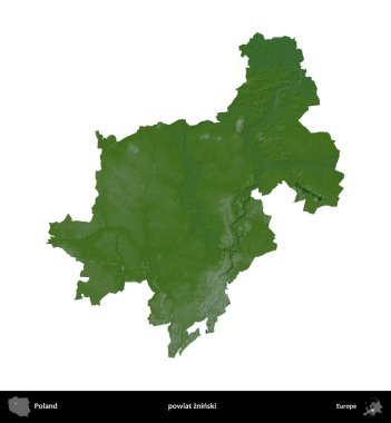 Zninski İlçesi. Polonya 'nın idari bölgesi renkli bir yükseklik haritasında beyaza izole edildi