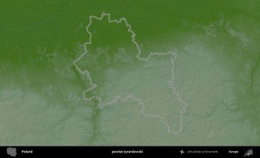 Zyrardowski İlçesi. Polonya 'nın idari bölgesi renkli bir yükseklik haritasında özetlendi