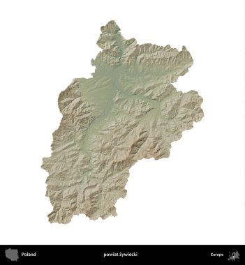Zywiecki İlçesi. Polonya 'nın idari bölgesi renkli bir yükseklik haritasında beyaza izole edildi