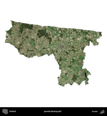 Bartoszycki İlçesi. Polonya 'nın idari bölgesi B uydusundaki görüntülerde beyazla izole edildi
