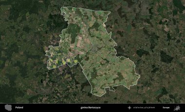 Bartoszyce Komünü. Polonya 'nın idari alanı, koyu renkli bir B uydusu görüntüsüyle vurgulandı ve özetlendi