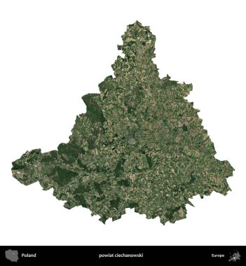 Ciechanowski İlçesi. Polonya 'nın idari bölgesi B uydusundaki görüntülerde beyazla izole edildi