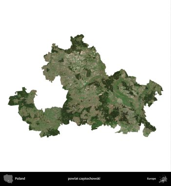 Czestochowski İlçesi. Polonya 'nın idari bölgesi B uydusundaki görüntülerde beyazla izole edildi