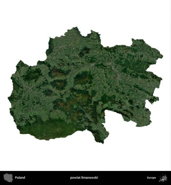 Limanowski ilçesi. Polonya 'nın idari bölgesi B uydusundaki görüntülerde beyazla izole edildi