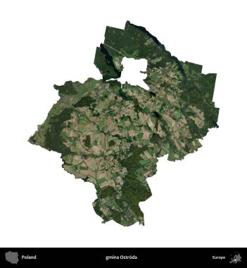 Ostroda Komünü. Polonya 'nın idari bölgesi B uydusundaki görüntülerde beyazla izole edildi