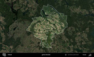 Ostroda Komünü. Polonya 'nın idari alanı, koyu renkli bir B uydusu görüntüsüyle vurgulandı ve özetlendi