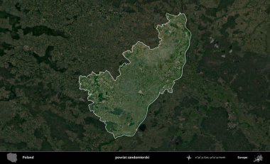 Sandomierski İlçesi. Polonya 'nın idari alanı, koyu renkli bir B uydusu görüntüsüyle vurgulandı ve özetlendi