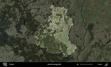 Starogardzki İlçesi. Polonya 'nın idari alanı, koyu renkli bir B uydusu görüntüsüyle vurgulandı ve özetlendi