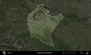 Podkarpackie Eyaleti. Polonya 'nın idari alanı, koyu renkli bir B uydusu görüntüsüyle vurgulandı ve özetlendi