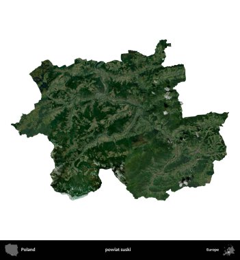 Suski ilçesi. Polonya 'nın idari bölgesi B uydusundaki görüntülerde beyazla izole edildi
