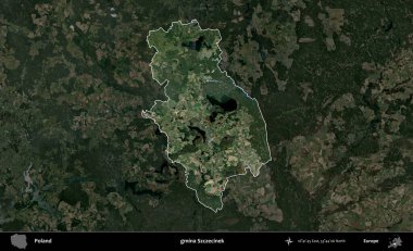 Szczecinek Komünü. Polonya 'nın idari alanı, koyu renkli bir B uydusu görüntüsüyle vurgulandı ve özetlendi