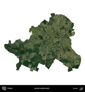 Szydlowiecki İlçesi. Polonya 'nın idari bölgesi B uydusundaki görüntülerde beyazla izole edildi