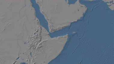 Patterson silindirik projeksiyonunda dünyanın mavi ve gri renkli yükseklik haritasının arka planında Aden Körfezi bölgesi var.