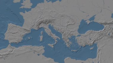 Adriyatik Denizi bölgesi Patterson silindirik projeksiyonunda dünyanın mavi ve gri yükseklik haritasının arka planında