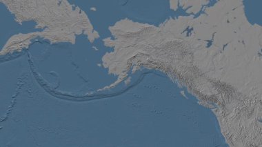 Alaska Körfezi Bölgesi Patterson silindirik projeksiyonunda mavi ve gri renkli bir dünya yükseklik haritasının arka planında