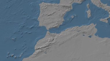 Alboran Denizi bölgesi Patterson silindirik projeksiyonunda dünyanın mavi ve gri renkli yükseklik haritasının arka planında