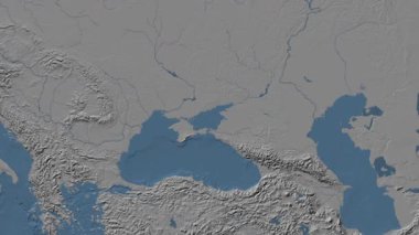 Patterson silindirik projeksiyonunda dünyanın mavi ve gri renkli yükseklik haritasının arka planında Azov Denizi var.