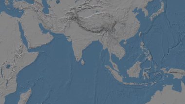 Bengal Körfezi Bölgesi Patterson silindirik projeksiyonunda dünyanın mavi ve gri yükseklik haritasının arka planında
