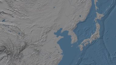 Bohai Denizi Bölgesi Patterson silindirik projeksiyonunda mavi ve gri renkli bir dünya yükseklik haritasının arka planında