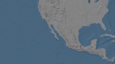 Kaliforniya Körfezi Bölgesi Patterson silindirik projeksiyonunda mavi ve gri renkli bir dünya yükseklik haritasının arka planında