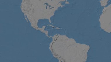 Patterson silindirik projeksiyonunda dünyanın mavi ve gri renkli yükseklik haritasının arka planında Karayip Denizi bölgesi