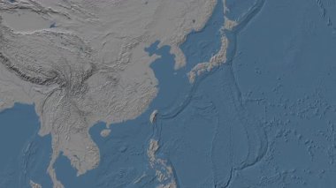 Doğu Çin Denizi Bölgesi Patterson silindirik projeksiyonunda dünyanın mavi ve gri yükseklik haritasının arka planında