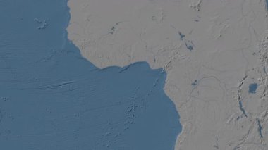 Gine Körfezi Bölgesi Patterson silindirik projeksiyonunda mavi ve gri renkli bir dünya yükseklik haritasının arka planında